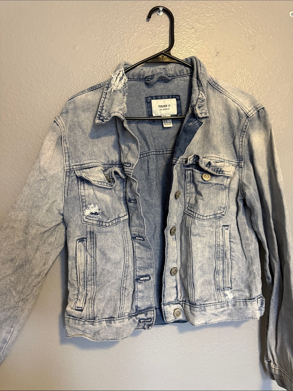 Forever 21 Faded Light Blue Distressed Denim Jacket